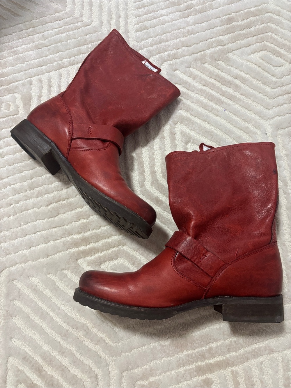 Frye Women's Red Leather Mid-Calf Harness Boots